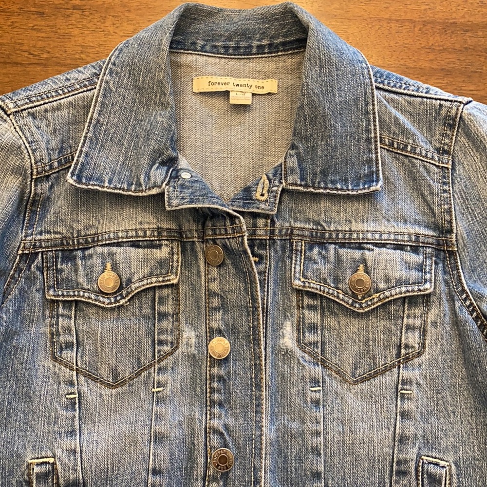 Forever 21 Distressed Jean Jacket, Size L - Picture 5 of 9